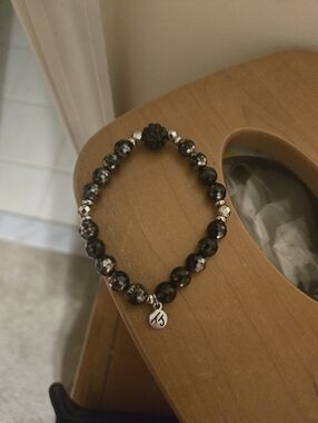 Tjazelle One Of A Kind Black Beaded Stretch Bracelet with Silver Accents